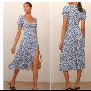 REFORMATION Floral‎ Midi Dress Sweetheart Neck Slit Puff Sleeve size0